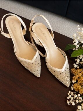 Pointed Beige Slingback Heels with Crystal Detail